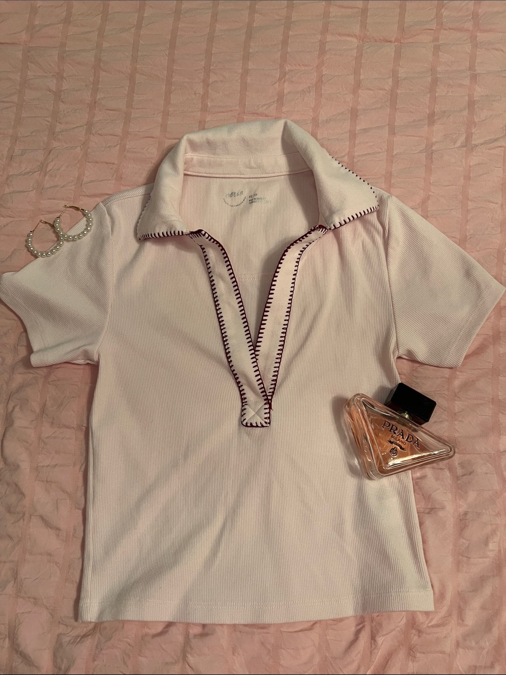 aerie Light Pink Short-Sleeve Polo with Dark Contrast Stitching